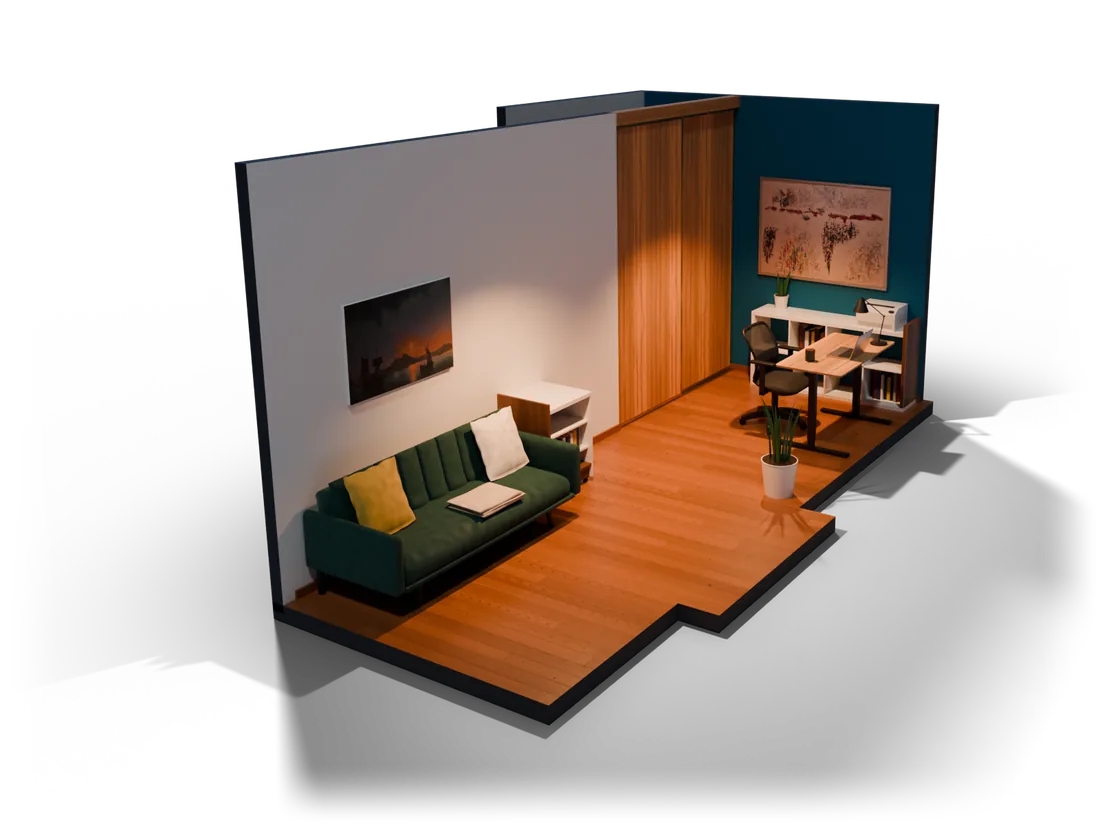 Miegamasis su darbo vieta 3D: sofa-lova, reguliuojamo aukščio stalas, kėdė